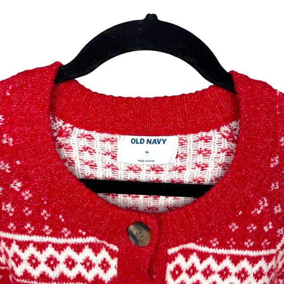 Old Navy red & white reindeer & snowflakes sweater button front Size XL - Picture 6 of 15